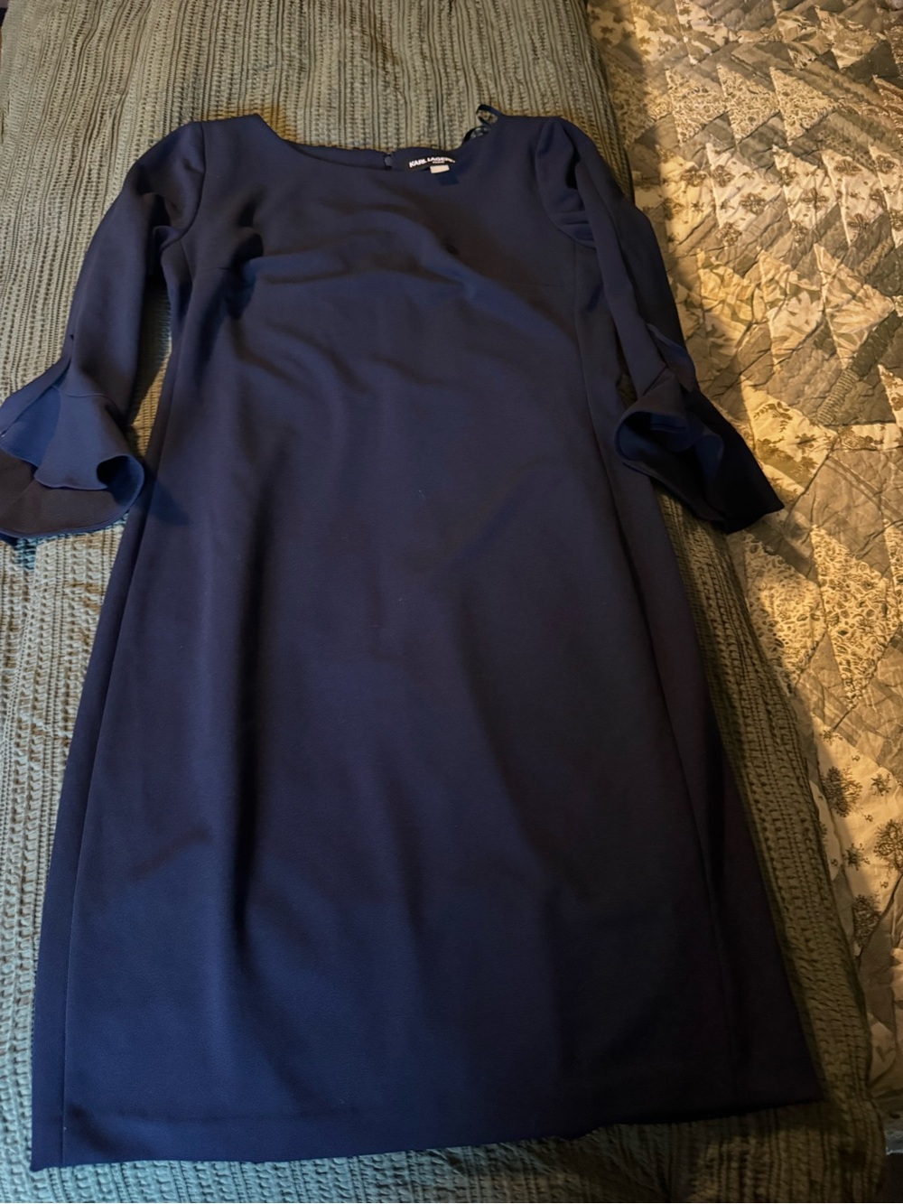Karl Lagerfeld Navy Long-Sleeve Shift Dress with Ruffle Cuffs Size 6 - Picture 2 of 3